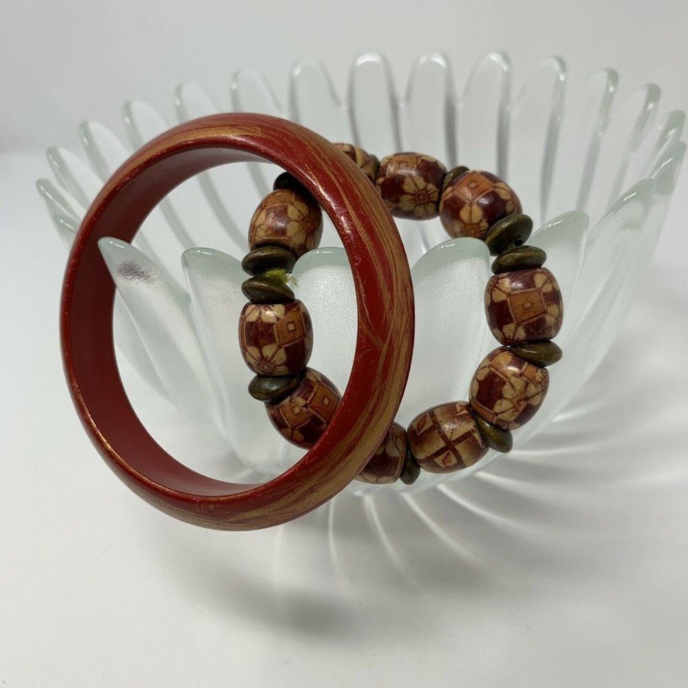 Beaded Wood Bangle Bracelet Set of 2 Red Brown Gold